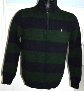 POLO RALPH LAUREN 1/4 ZIP SWEATER STRIPED BOYS XL 18-20 NAVY GREEN LOGO VGC - Picture 1 of 5