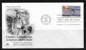 US Cachet FDC, 1977 Charles A.Lindbergh Solo Transatlantic Flight 50th Anniv - Picture 1 of 1
