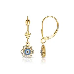 Solid 14K Yellow Gold Flower Evil Eye Dangle Leverback Earrings - Picture 1 of 3