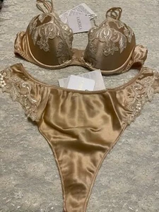 La Perla Maison 36B M Silk Bra Thong Set Lurex Frastaglio Embroidery Beige - Picture 1 of 2