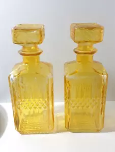 Vintage 1990s Retro Yellow Colored Glass Square Liquor Whisky Decanter Set of 2 - Picture 1 of 6