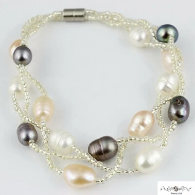 Women Real Black Pearl / Pink /White Pearl Twist Bead Mix Pearl Bracelet 7.5" - Image 1 of 4