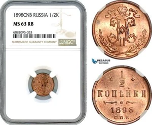AJ341, Russia, Nicholas II, 1/2 Kopek 1898 СПБ, St. Petersburg Mint, NGC MS63RB - Picture 1 of 1