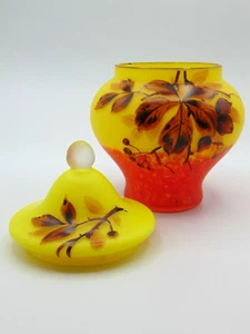 Bohemian Czech Satin Yellow / Orange Hand Painted Art Deco Glass Covered Lid Jar - Picture 1 of 9
