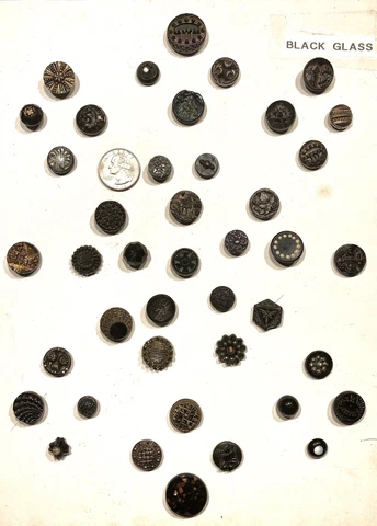 Antique Button Collection Card Ornate Victorian Black Glass 42 Fashion Buttons Cover