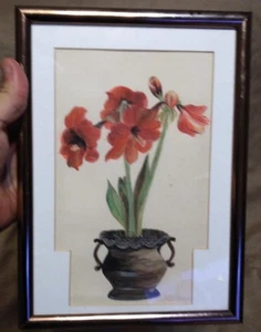 Vecchio quadro acquerello vintage rosso giglio asiatico gigli fiori floreale firmato arte - Foto 1 di 12