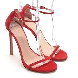 Womens Stuart Weitzman Nudist $425 Ankle Strap Heels 9 M Red Suede Sandals Shoes - Picture 1 of 9