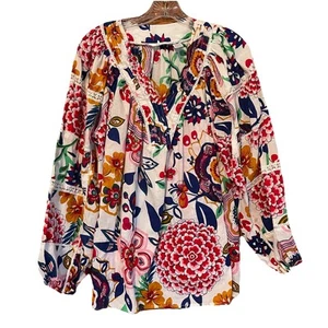 Kaktus Top Womens Large White Colorful Floral V Neck Balloon Sleeve Boho Blouse - Picture 1 of 8
