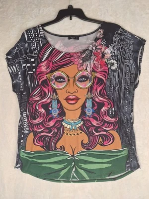 Love J Womens Plus 3X (1X) Graphic Top Colorful Vibrant Pop Art City Artsy Vtg - Image 1 of 4