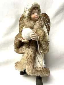 Vintage 6" Christmas Angel w Silver Wings & Faux Fur Trim Holding White Globe - Picture 1 of 6
