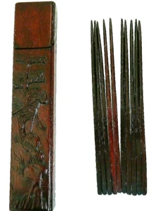 Vintage Mahagoni Holz geschnitzt Kranich Aufbewahrungsbox mit 5 Paar Essstäbchen Set - Bild 1 von 8