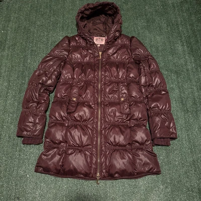 Juicy Couture вниз пуховик пальто парка женщин средний бордовый полный молнии с капюшоном - Изображение 1 из 4