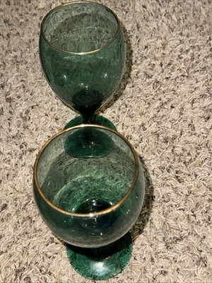 Juego de 2 copas de vino verde enebro lágrima Libbey vintage bordes dorados Foto 1 de 4