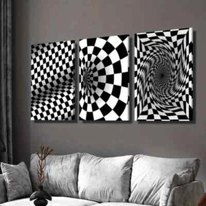 3pcs Black and White Optical Illusion Swirl Wall Art Canvas Framed 50x70cm - Picture 1 of 3