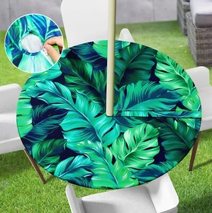 Round Outdoor Tablecloth With Umbrella Hole Tropical Round Fitted Table Cover Wi - Picture 1 of 6