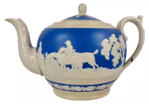 Copeland Spode Fox Hunting Teapot Blue Cream Sprig Molded 1927-1938 Antique - Picture 1 of 17
