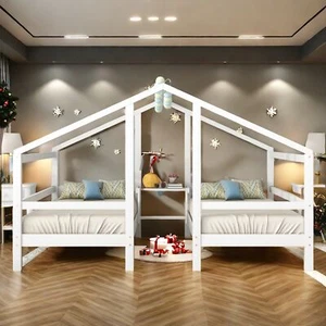 90x200cm Hausbett Doppel Einzelbett Kinderbett Gitterbett Mit Nachttisch Weiß . - Bild 1 von 10