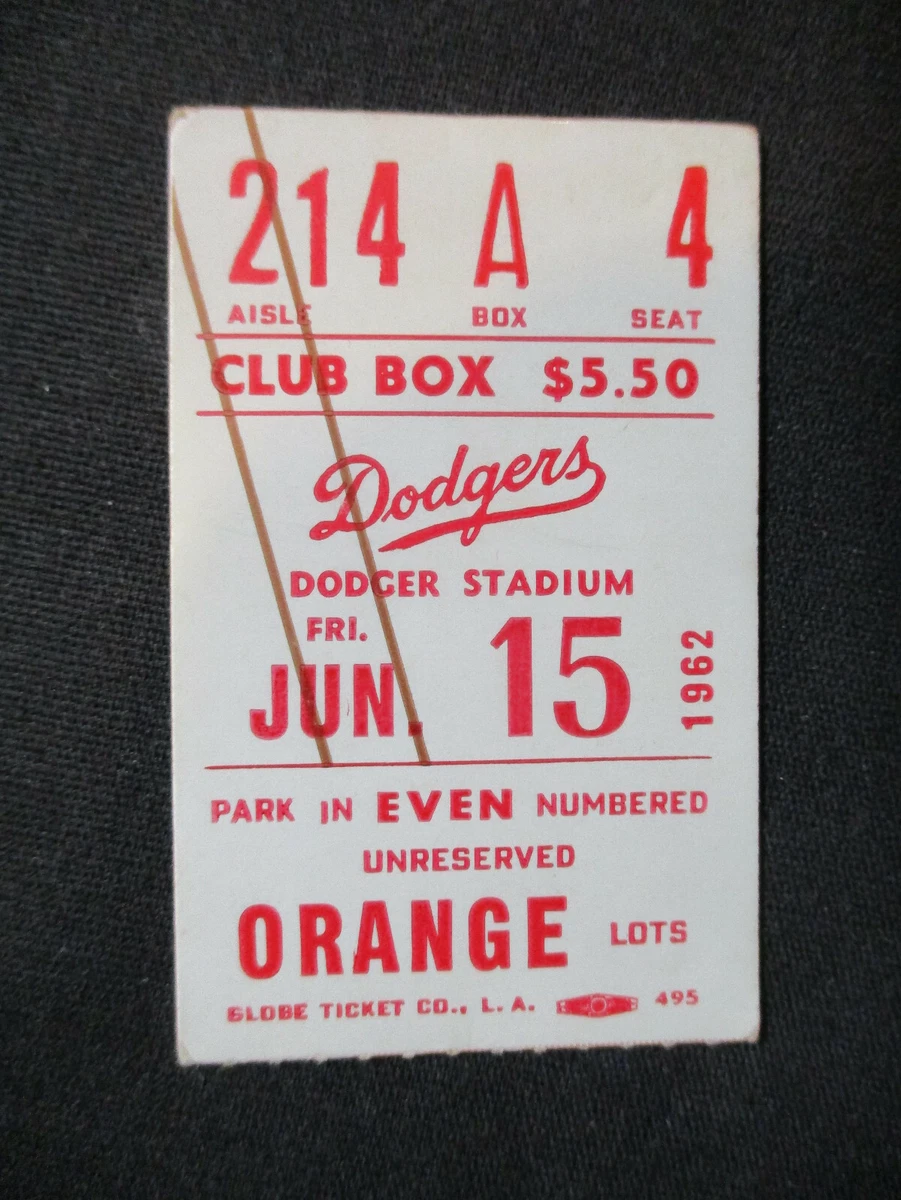 Los Angeles Dodgers Baseball 1962 Vintage Sports Ticket Stubs for