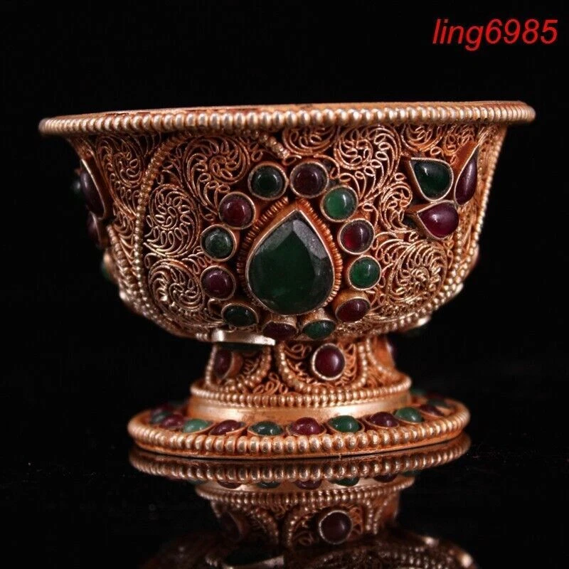 Antigua dinastía tibetana plata filigrana incrustación gema taza de té tazón cuencos estatua Foto 1 de 4