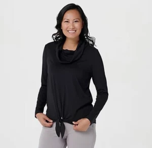 AnyBody Cozy Knit Jersey Cowl Neck Tie Front Top Jet Black XS A388140 - Picture 1 of 5