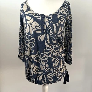 Next Size 10 Maternity Blue Beige Floral Stretch Cotton Top Blouse 3/4 Sleeves - Picture 1 of 13