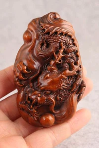 Asian Hand Carved Boxwood statue Netsuke Figurine : wooden dragon two face same - Picture 1 of 9