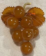 Vintage Russian Baltic Amber Cluster Grapes & Leaves Brooch Gold Filled Hallmark