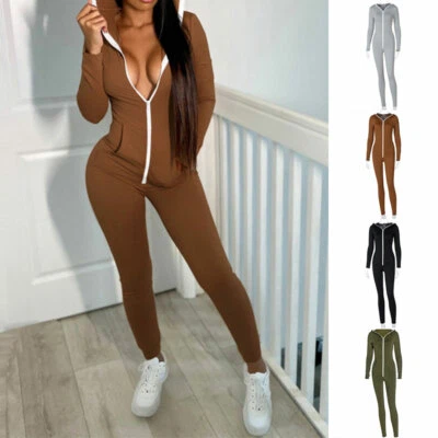 Damen mit Kapuze Langärmlig Reißverschluss Einfarbig Bodycon Party Club Freiz  , - Bild 1 von 4