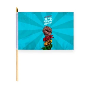 Premium Handheld Black History Month Stick Flags 12"x18" In Wood Stick Spear Top - Picture 1 of 6