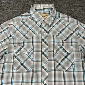 Wrangler Western Shirt Medium Gray Teal Plaid Short Sleeve Pearl Snap Cowboy - Picture 1 of 8