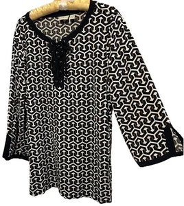 Chico’s Top 2 Black Brown Geo Stretch Knit Lace Up Tunic Shirt Blouse Size Large - Picture 1 of 8