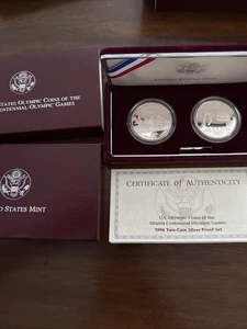 1996 Proof US Olympic Coins Rowing & High Jump Olympic Games 2 Coin Set/COA - Picture 1 of 3