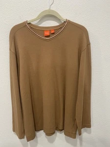 Hugo Boss Men’s Size XL Cotton Sweater Pullover Waffle Khaki Tan V Neck Shirt - Picture 1 of 12