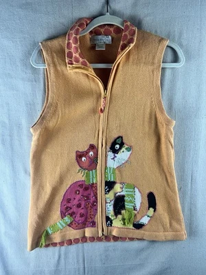 Susan Bristol Cats Sweater Vest Womens Large Orange Pink Beaded Calico Sequins - Image 1 of 4