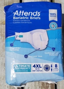 5 Packages - 40 Attends Bariatric Adult Brief 4XL 8 Count Each Heavy Absorbency - Picture 1 of 6