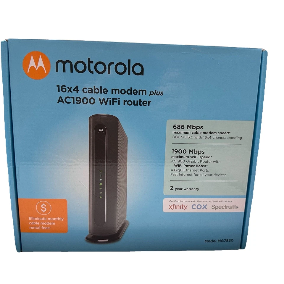 Motorola MG7550 16x4 High Speed ​​Cable Modem Plus AC1900 WiFi Router - Image 1 of 4