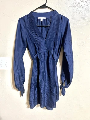 Rebecca Taylor Silk Cotton Navy Blue Long Sleeve Tie Belt Mini Dress 0 - Image 1 of 4