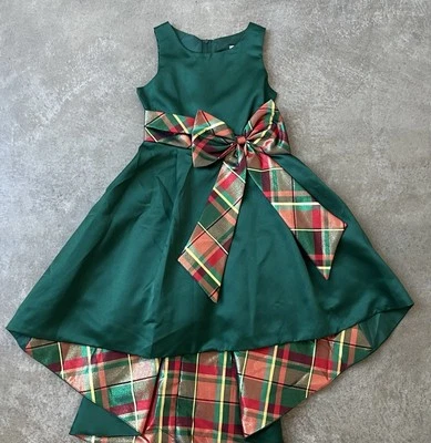 RARE EDITIONS Satin Dress with Plaid Bow Little Girls 7 Hunter Back Zip Closure - Image 1 of 4