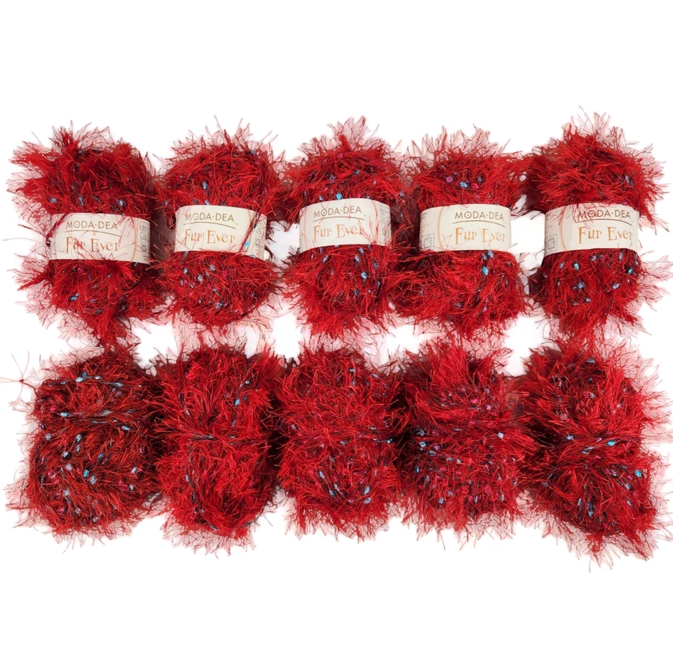 Moda Dea Fur Ever Yarn Red Hot 3926 Metallic Eyelash Lot of 10 Skein - Image 1 of 4