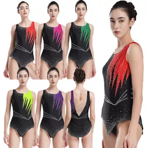 Women Bodysuit Yoga Jumpsuit Competition Leotard Contrast Color Dancewear Dance - Picture 1 of 55