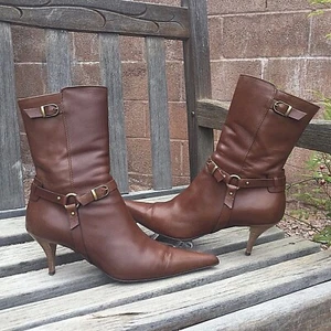 Barbara Bui Boots Sz 38.5 Brown Leather US 8 Booties Double Buckle Harness Zip - Picture 1 of 10