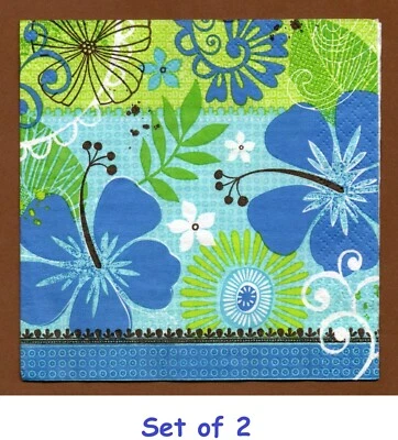 Juego de 2 Servilletas Florales para Decoupage, Verde Lima y Azul, Brisa Tropical, 5" Foto 1 de 4