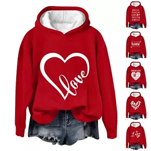 Women's Long Sleeved Shirt With Valentine's Day Print And Hooded Sweatshirt - Picture 1 of 28