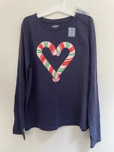 Old Navy Kids Girls Candy Cane Heart Christmas Holiday Long Sleeve Shirt Navy XL - Picture 1 of 3