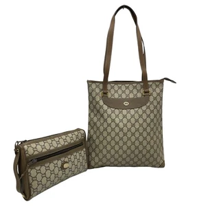 Auth Gucci GG Supreme/Plus PVC Leather Beige Tote and Clutch Bag Set 2 NS060735 - Picture 1 of 24
