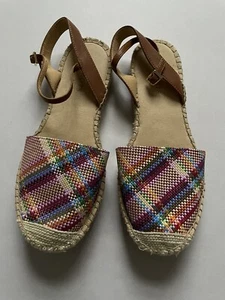 Talbots Sandals Womens 8 Rainbow Plaid Toe Espadrille Ankle Strap Cushion Flat - Picture 1 of 7