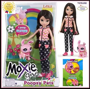 Bambola Moxie Girlz Poopsy Pets XI & Fantasy Pet CONIGLIO Mangia & Caccia GLITTER rara - Foto 1 di 6