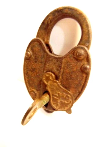 vintage brass & steel padlock marked JMV & Co. on keyhole cover; with brass key Cover