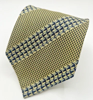 Men's Neck Tie 100% Silk Beige & Black Houndstooth Print w/ Blue Stripes Vintage - Image 1 of 4