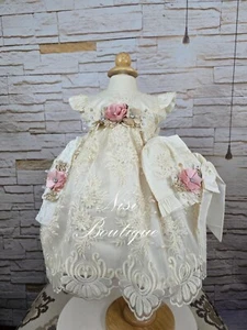 Free Shipping!! Baptism Dress, Christening Gown, Baby Girl Beige Dress - Picture 1 of 11